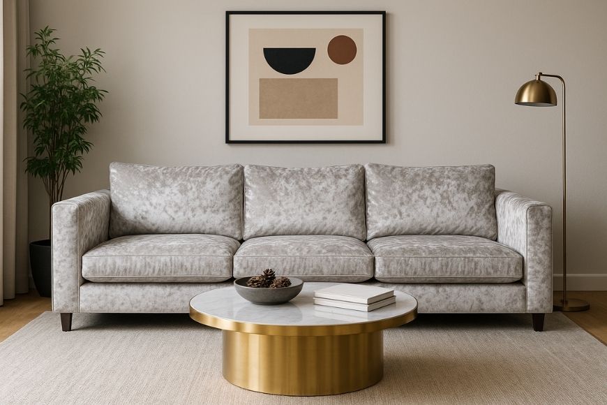 crushed velvet sofa with gold coffee table