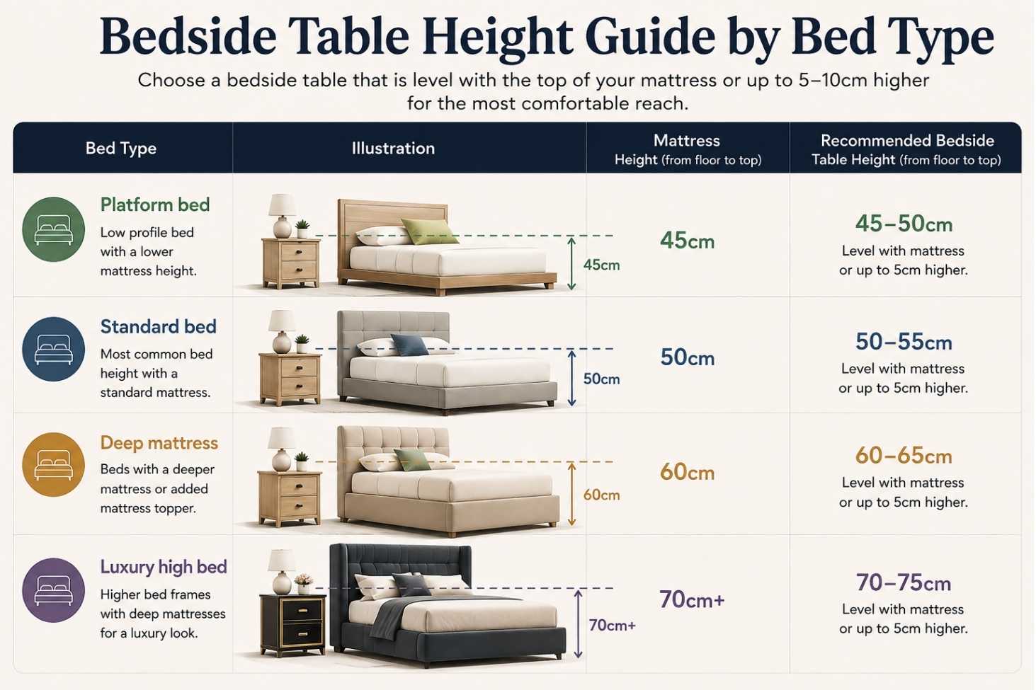 Recommended Bedside Table Heights by Bed Type