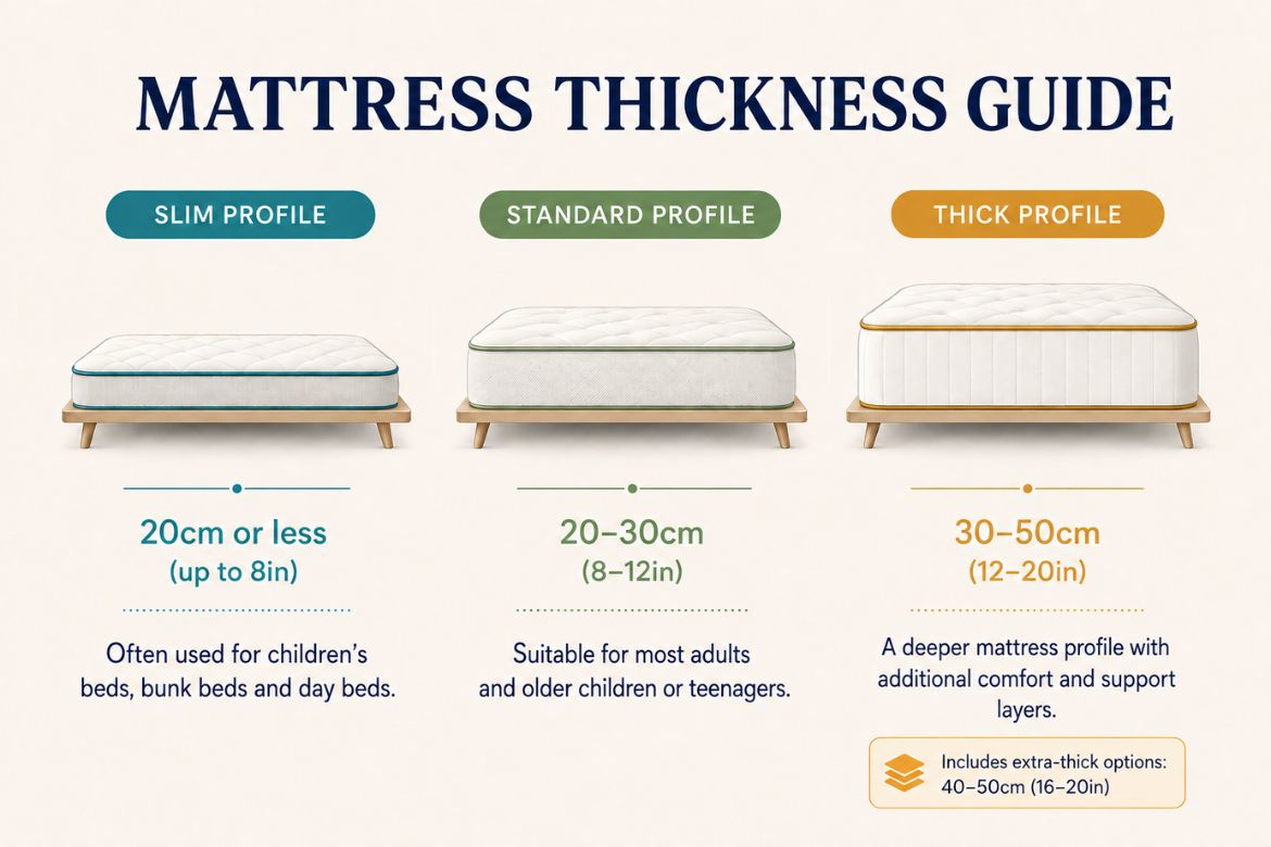 Mattress thickness guide UK comparing slim, standard and thick mattresses