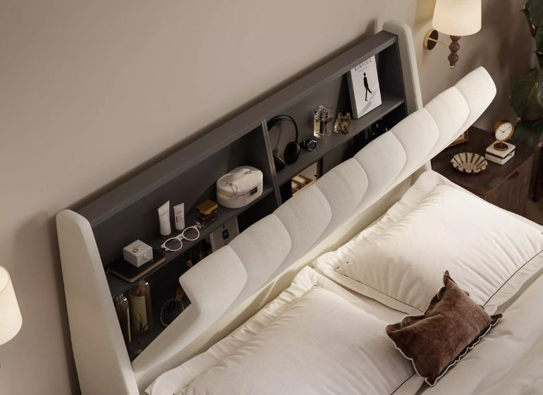 Maverick Upholstered Bed Frame with storage compartment in headboard